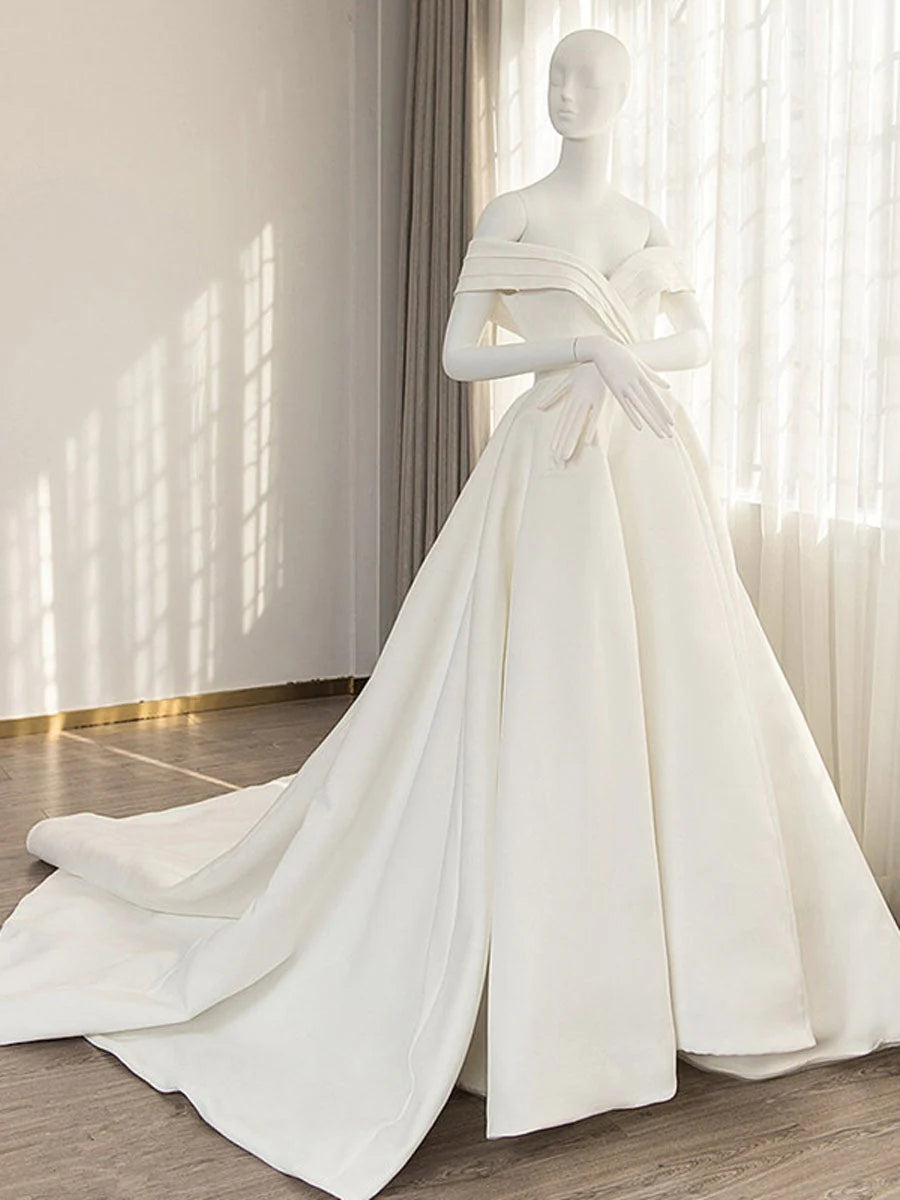 Timeless Off-the-Shoulder Satin White Floor-Length Party Dress