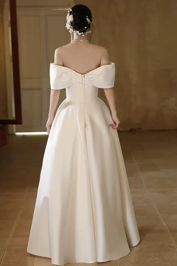 Timeless Off-the-Shoulder Sleeveless Detailed Ivory Satin Long Prom Dresses