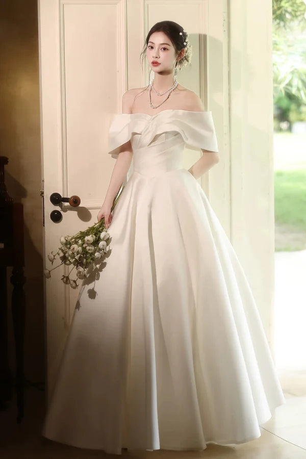 Timeless Off-the-Shoulder Sleeveless Detailed Ivory Satin Long Prom Dresses