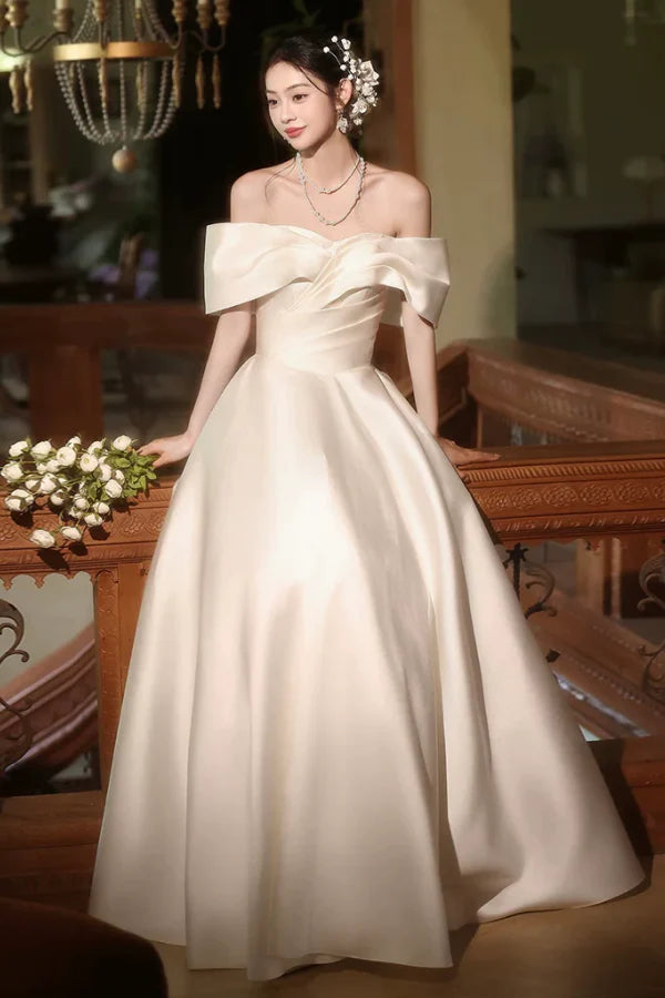 Timeless Off-the-Shoulder Sleeveless Detailed Ivory Satin Long Prom Dresses
