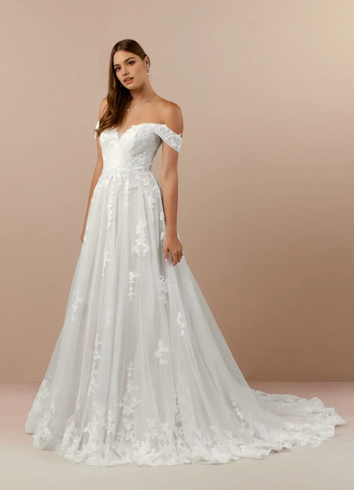 Timeless Off Shoulder Tulle A-Line Off the Wedding Dresses Clean Lace Lines Subtle Volume Floor Length Train Premium Pick for Classic Brides