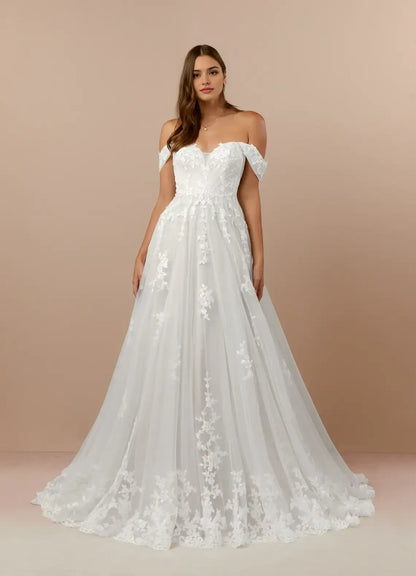 Timeless Off Shoulder Tulle A-Line Off the Wedding Dresses Clean Lace Lines Subtle Volume Floor Length Train Premium Pick for Classic Brides