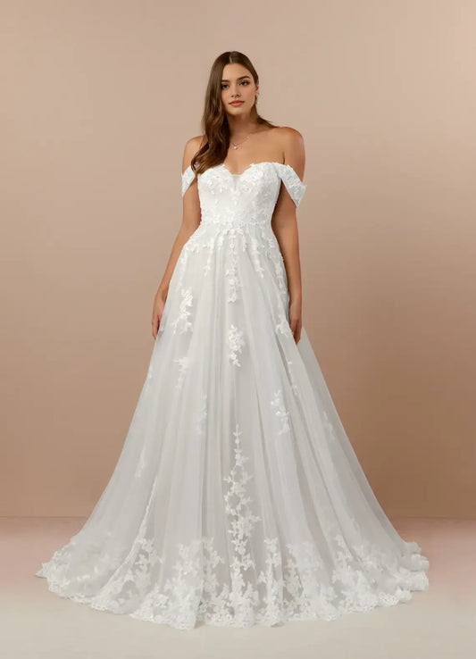 Timeless Off Shoulder Tulle A-Line Off the Wedding Dresses Clean Lace Lines Subtle Volume Floor Length Train Premium Pick for Classic Brides