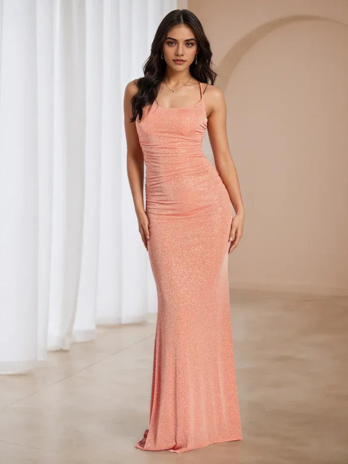 Timeless Peach Glitter Prom Gown Spaghetti Straps Ruched Detail  Mermaid Fit for Enchanting Events
