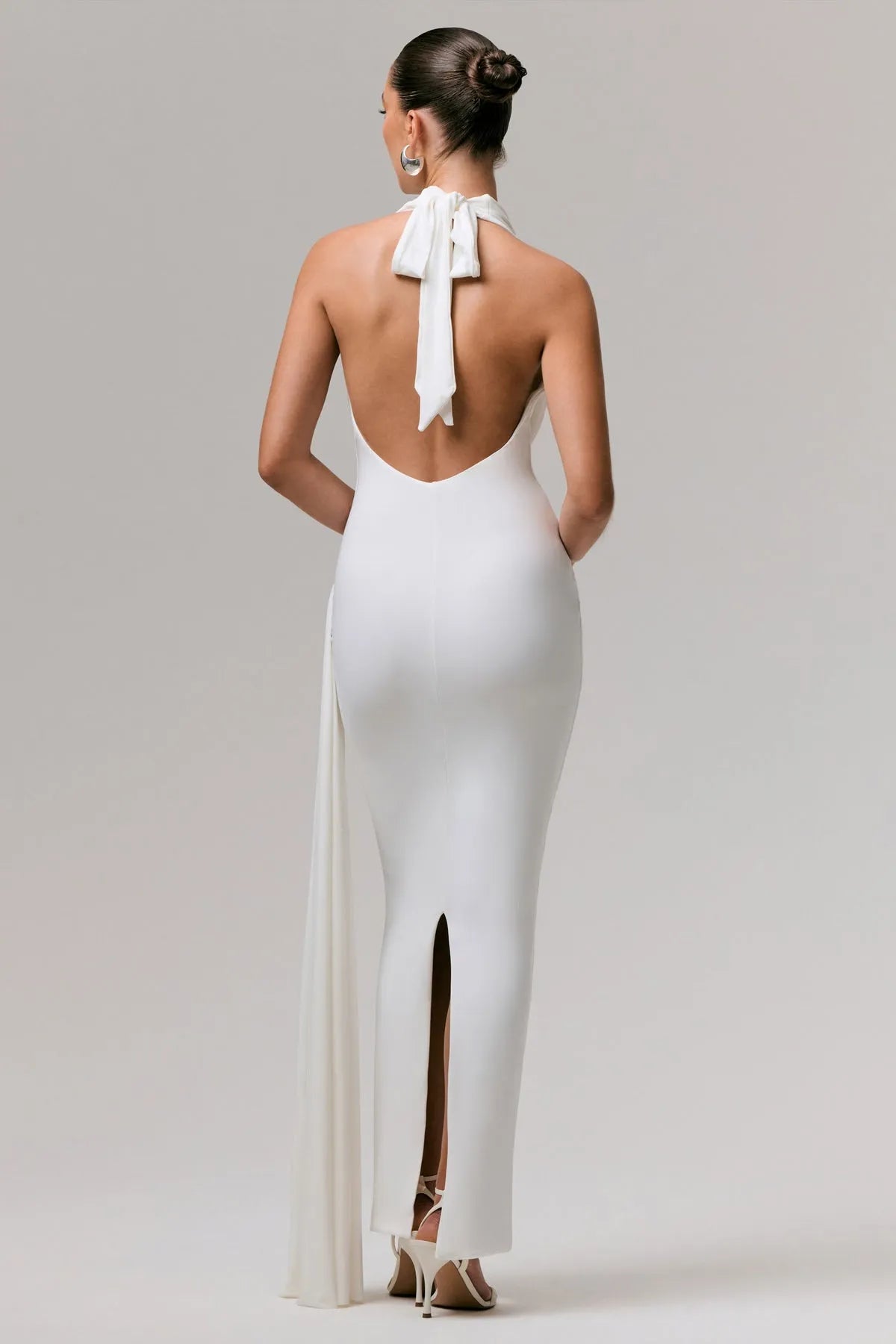 Timeless Sculpted Drape Gown  Cowl Halter Ruched Sash Trailing Drape for Classic
