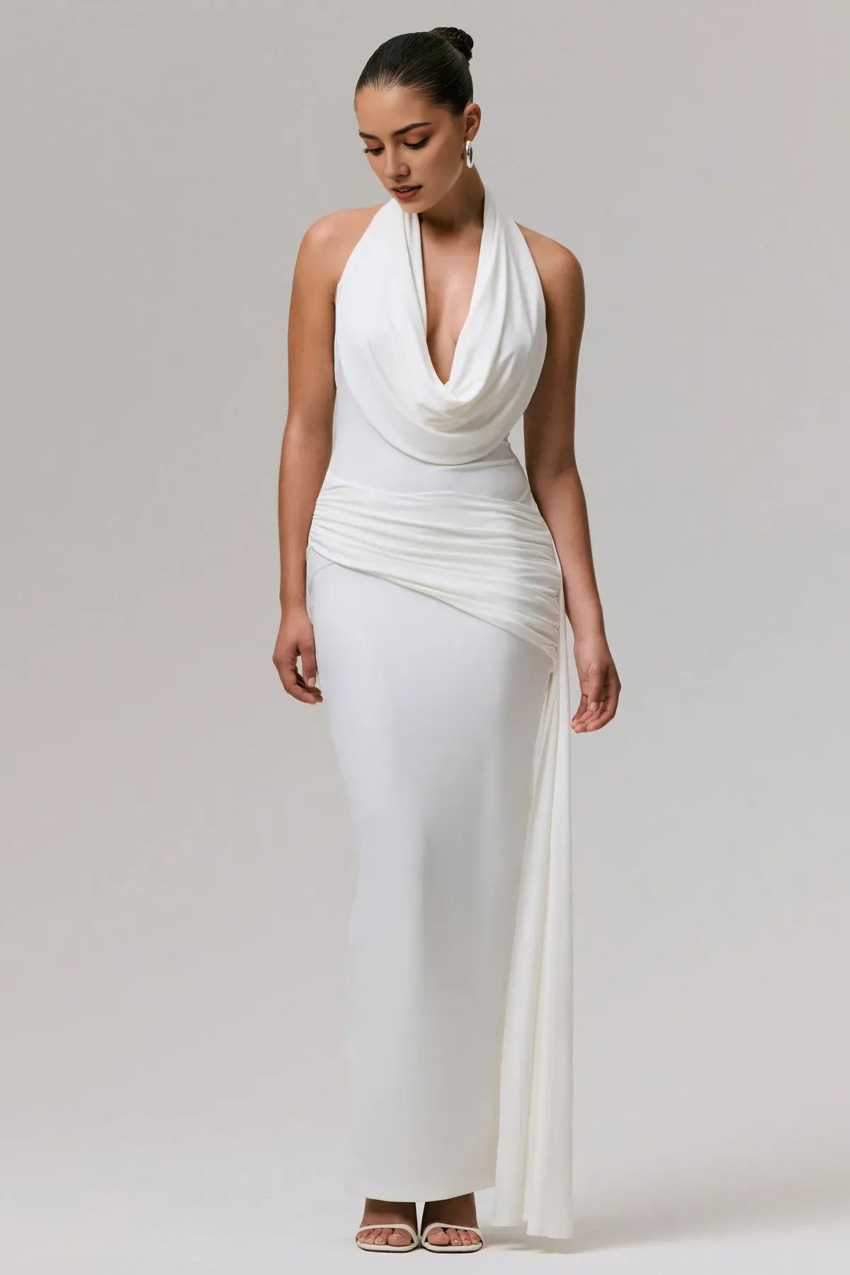 Timeless Sculpted Drape Gown  Cowl Halter Ruched Sash Trailing Drape for Classic