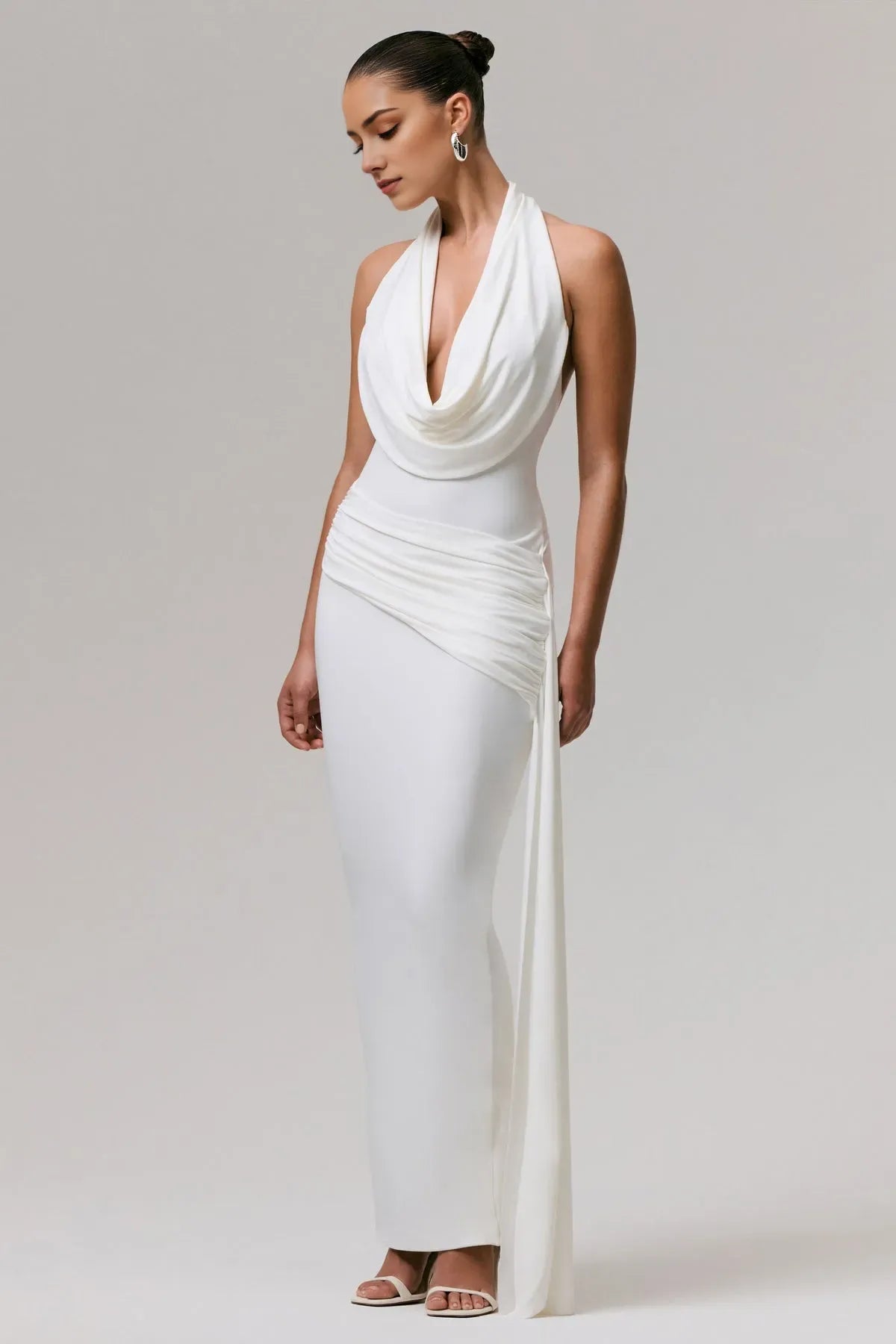 Timeless Sculpted Drape Gown  Cowl Halter Ruched Sash Trailing Drape for Classic