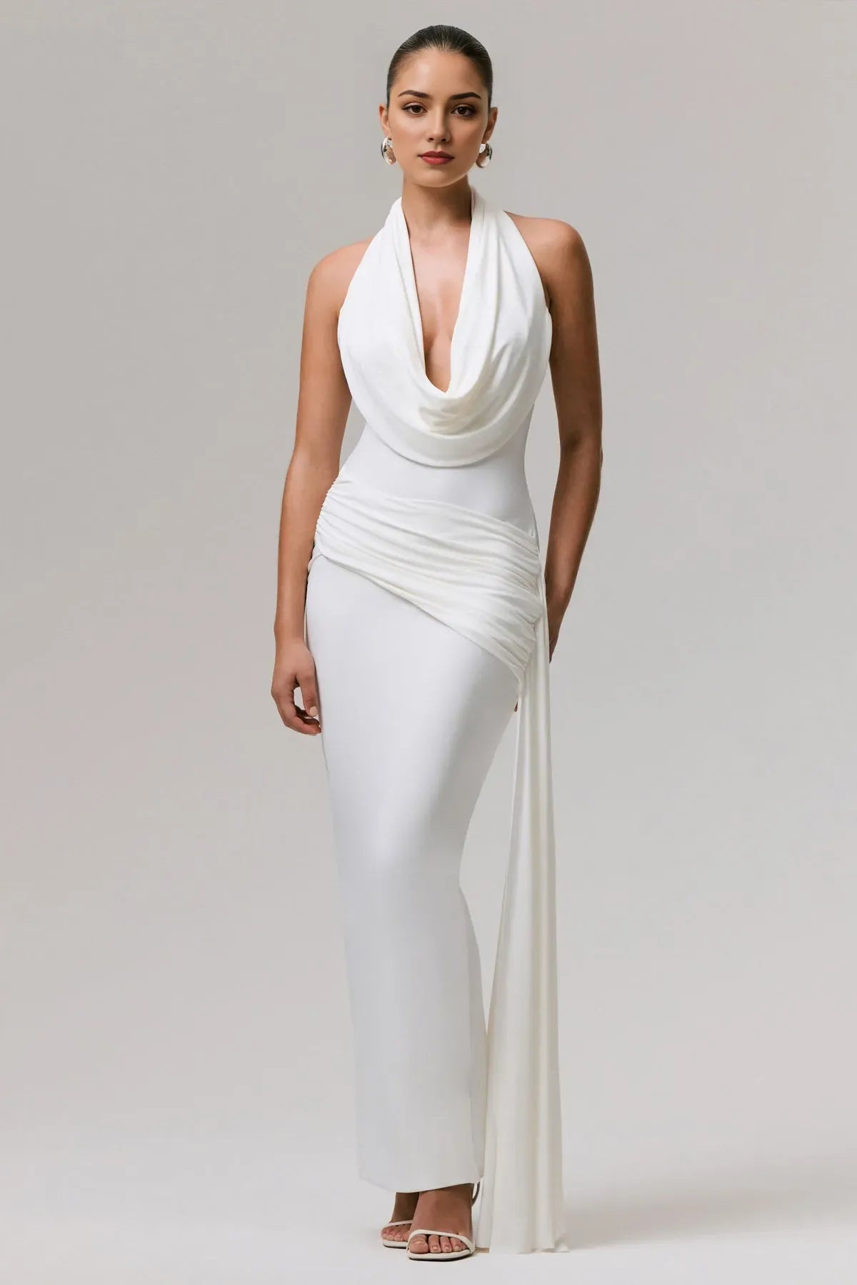 Timeless Sculpted Drape Gown  Cowl Halter Ruched Sash Trailing Drape for Classic