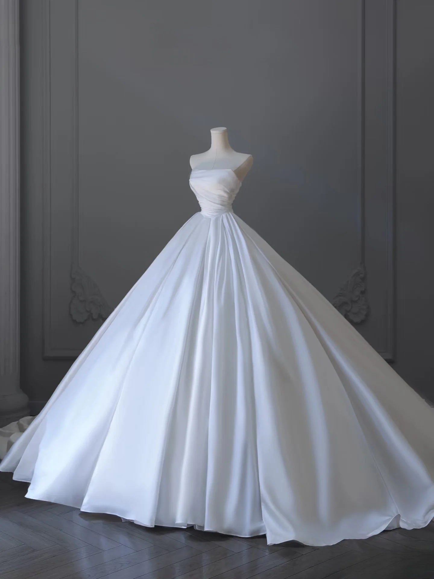 Timeless Strapless Sleeveless Ruched White Satin Wedding Dresses