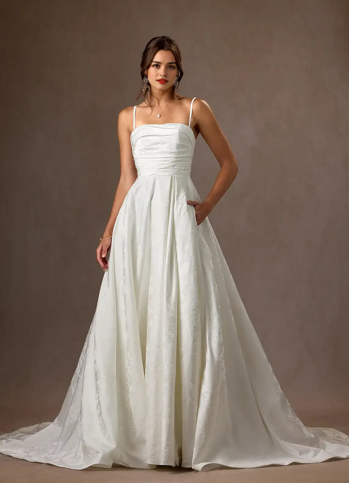 Trendy Wedding Dresses for Brides A-Line Strapless Floral Jacquard Neckline Flowy Ball Gown Silhouette Side Slit Functional Train for sale