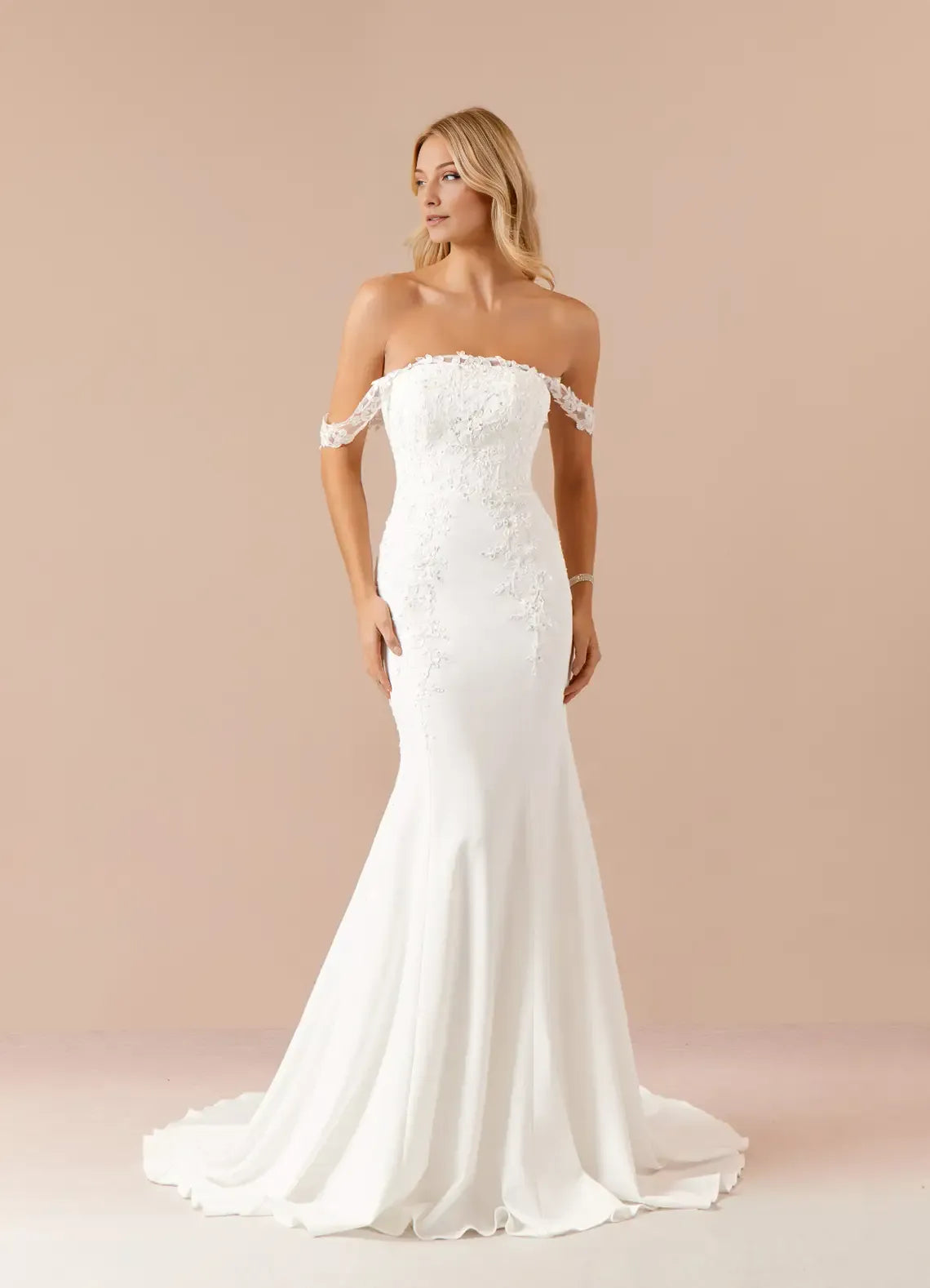 Trendy white Off - Shoulder Lace Appliqué Mermaid Sequins Wedding Dress for Brides