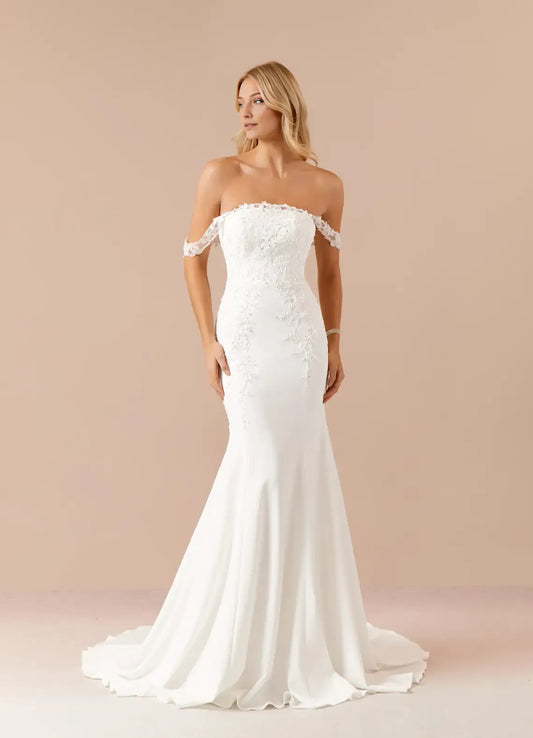 Trendy white Off - Shoulder Lace Appliqué Mermaid Sequins Wedding Dress for Brides
