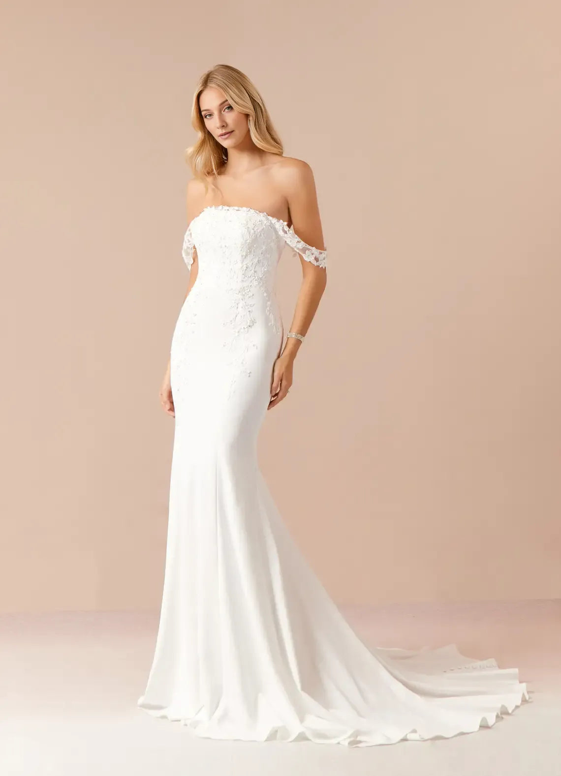 Trendy white Off - Shoulder Lace Appliqué Mermaid Sequins Wedding Dress for Brides