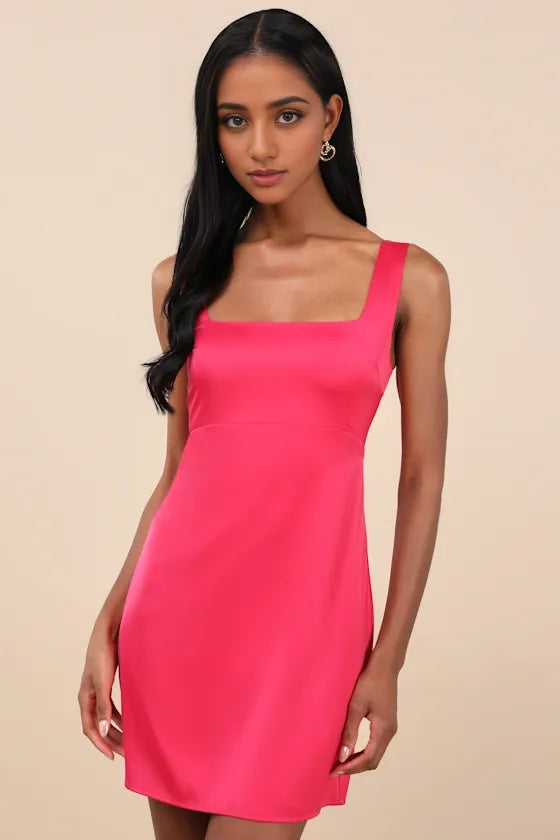 Truly the Cutest Hot Pink Satin Square Neck Homecoming Dresses