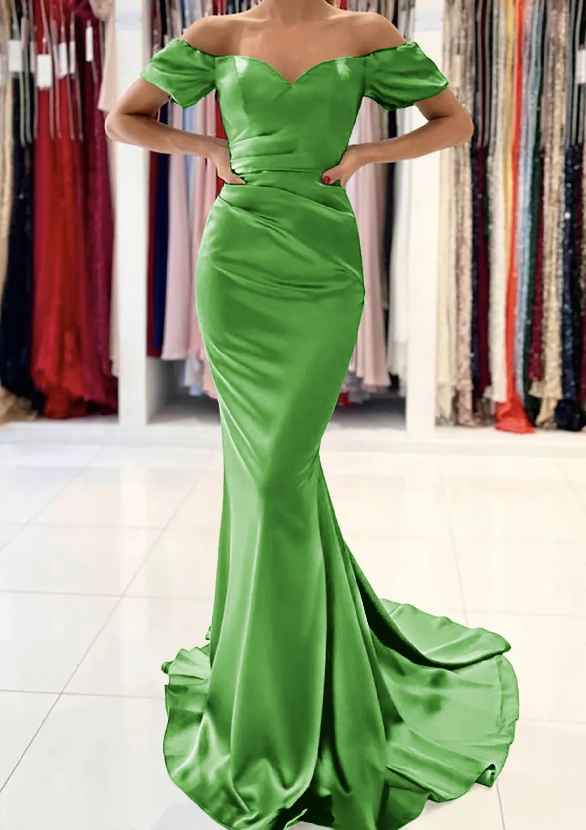 Trumpet/Mermaid Off-the-Shoulder Short Sleeve Satin Sweep Train Prom Dress With Pleated