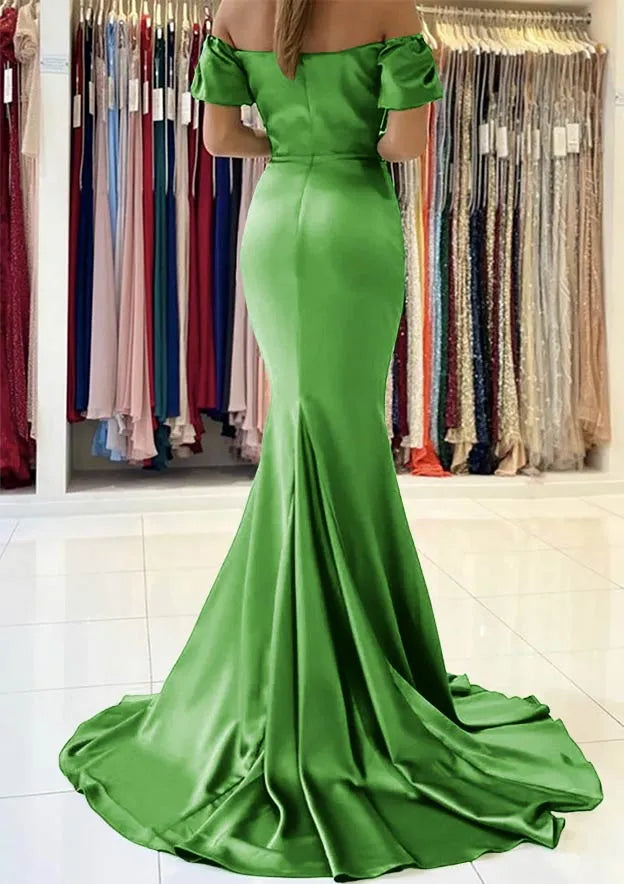 Trumpet/Mermaid Off-the-Shoulder Short Sleeve Satin Sweep Train Prom Dress With Pleated