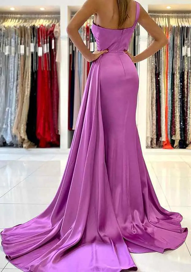 Trumpet/Mermaid One-Shoulder Sleeveless Sweep Train Satin Prom Dress With Pleated