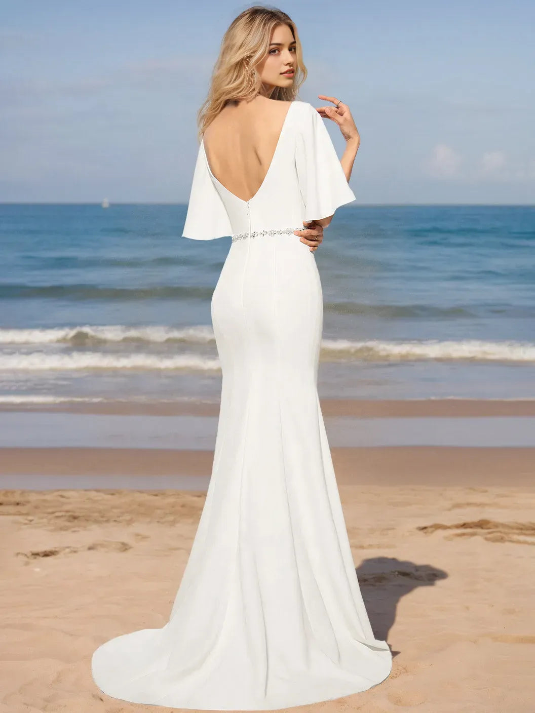 Trumpet V-Neck Half Sleeves Floor-Length Wedding Dresses with Sequins