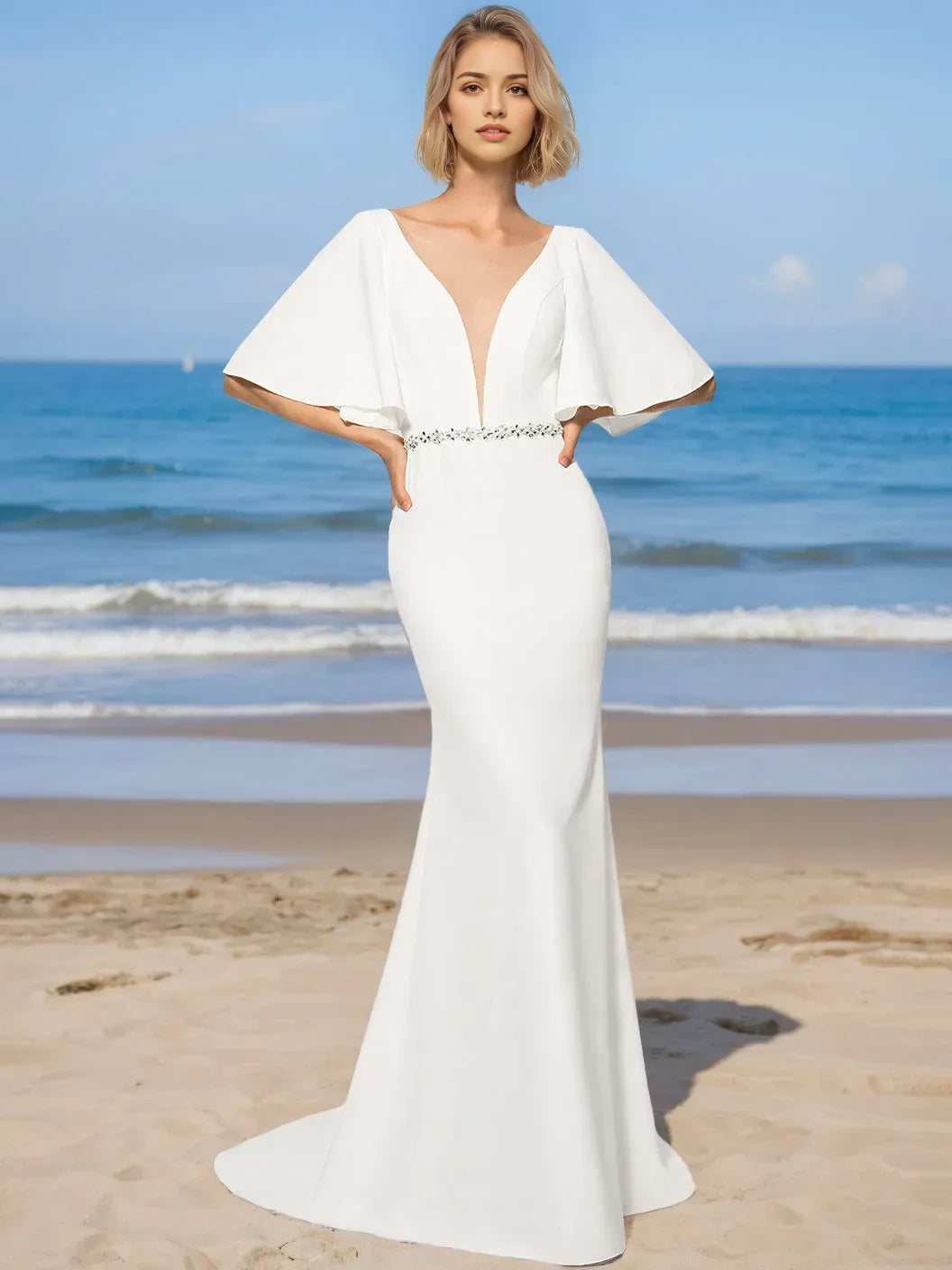 Trumpet V-Neck Half Sleeves Floor-Length Wedding Dresses with Sequins