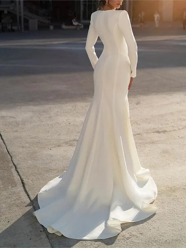 Trumpet V-Neck Long Sleeves Floor-Length Wedding Dresses with Beading