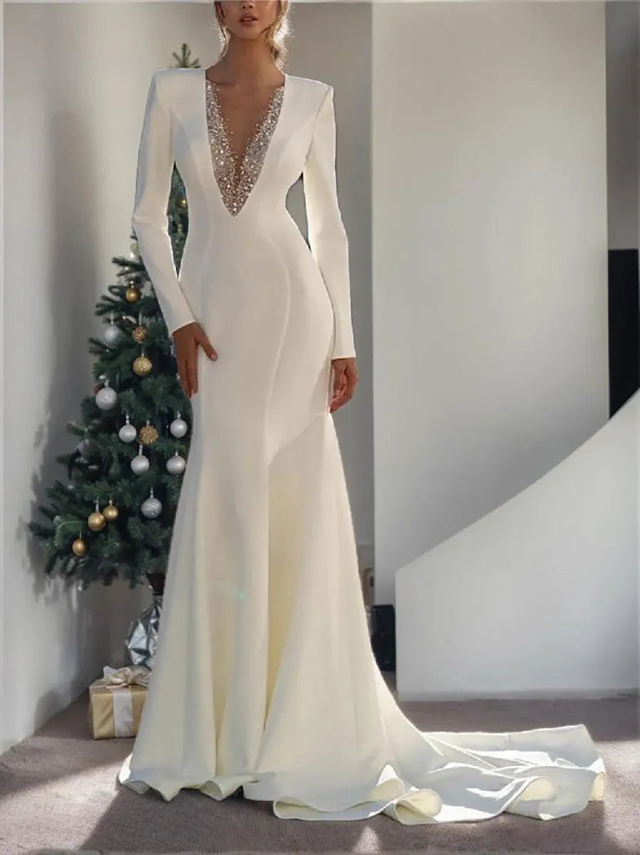 Trumpet V-Neck Long Sleeves Floor-Length Wedding Dresses with Beading