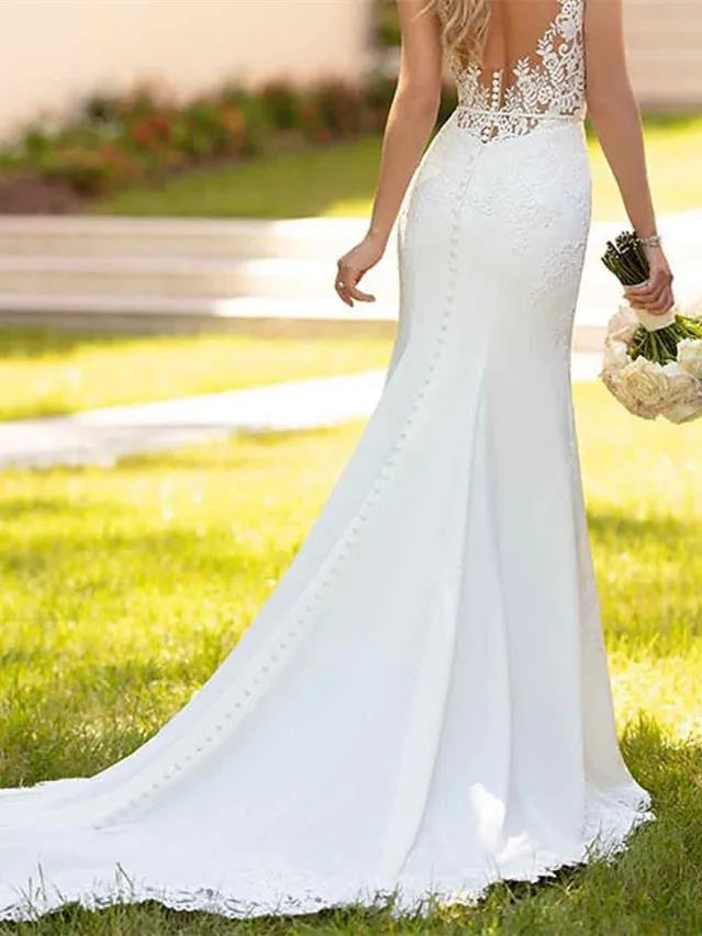 Trumpet V-Neck Sleeveless Wedding Dresses Court Train with Appliques