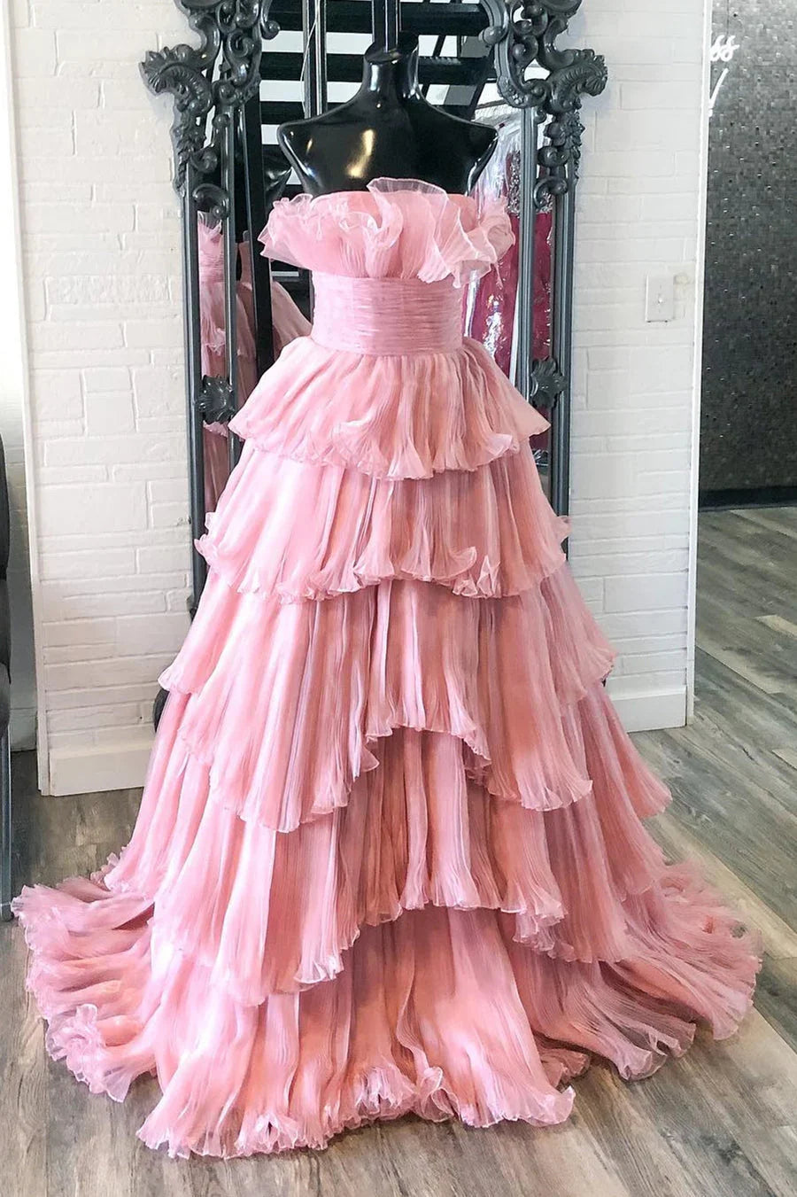 DingJiDress A Line Strapless Princess Long Prom Dress Tulle Layers Ruffles