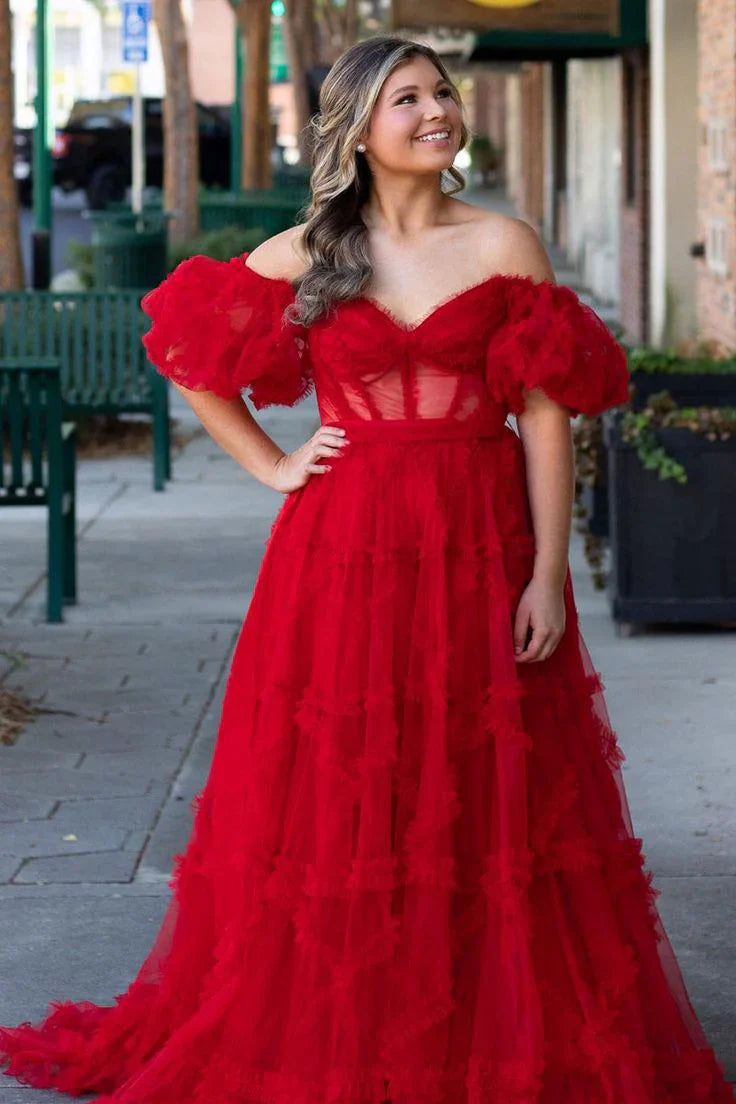 DingJiDress A Line Off the Shoulder Tulle Prom Dresses For Woman