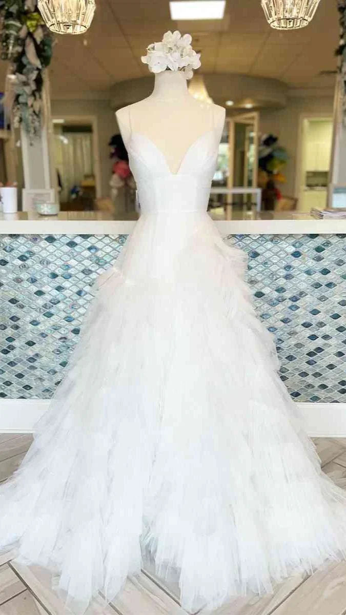 DingJiDress A-Line Tulle Tiered Princecss Prom Dress Spaghetti Straps
