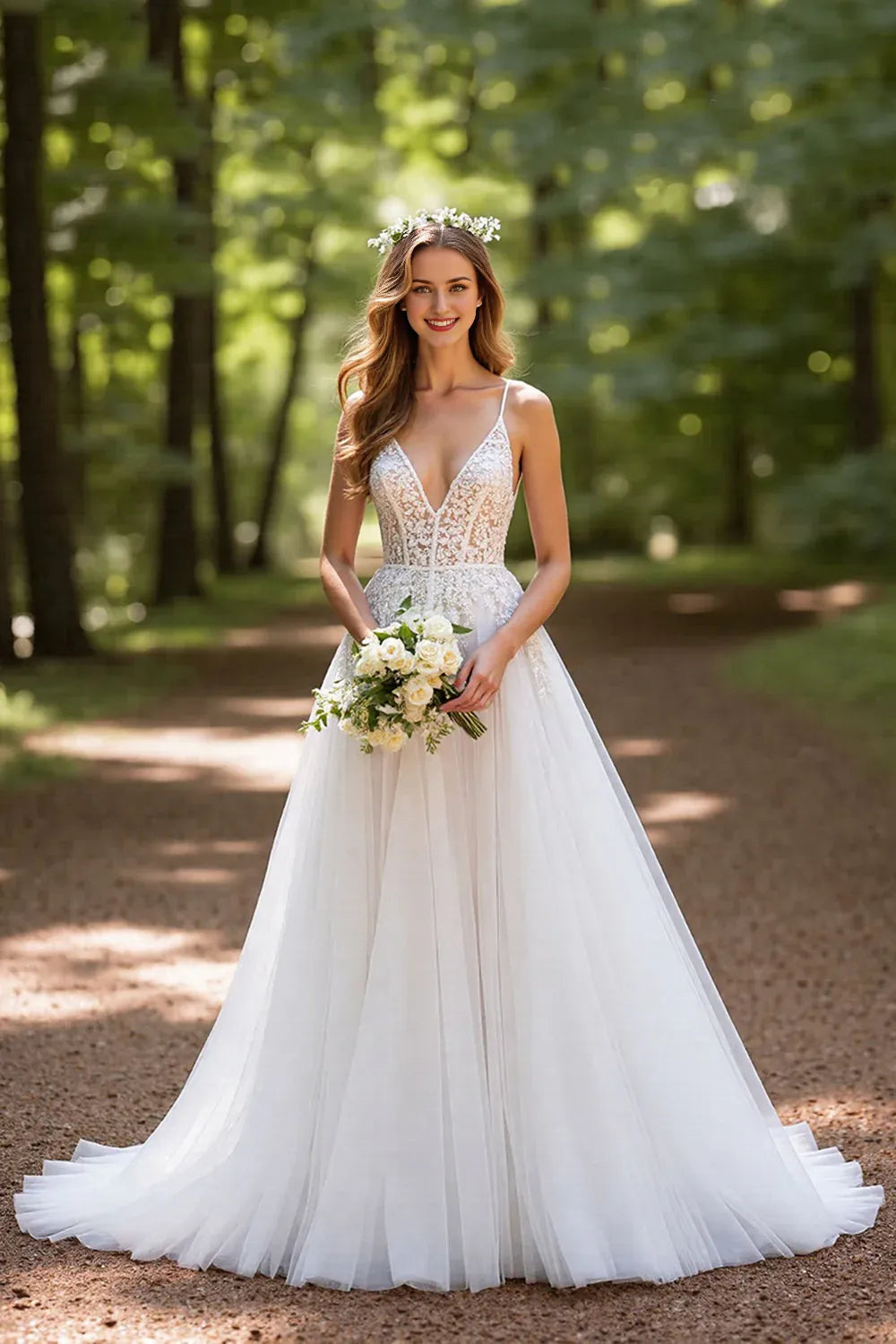 Tulle A Line Corset Sweep Train V-Neck Wedding Dress with Lace