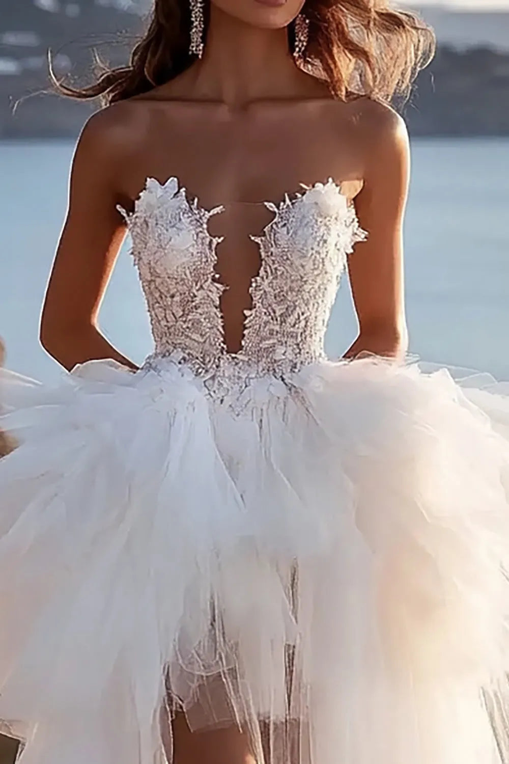 Tulle A Line Strapless High-Low Wedding Dress with Ruffles ﻿