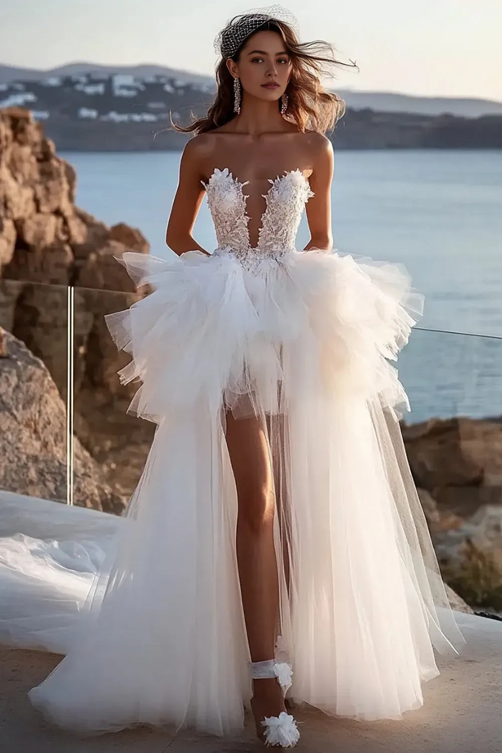 Tulle A Line Strapless High-Low Wedding Dress with Ruffles ﻿
