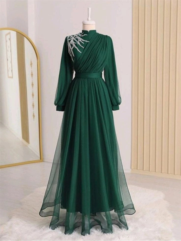 Tulle Beaded Muslim Evening Dresses Long Sleeve Formal Party Prom Gown High Neck Dress