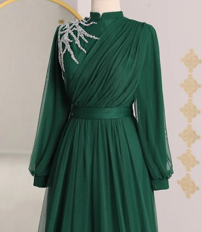 Tulle Beaded Muslim Evening Dresses Long Sleeve Formal Party Prom Gown High Neck Dress