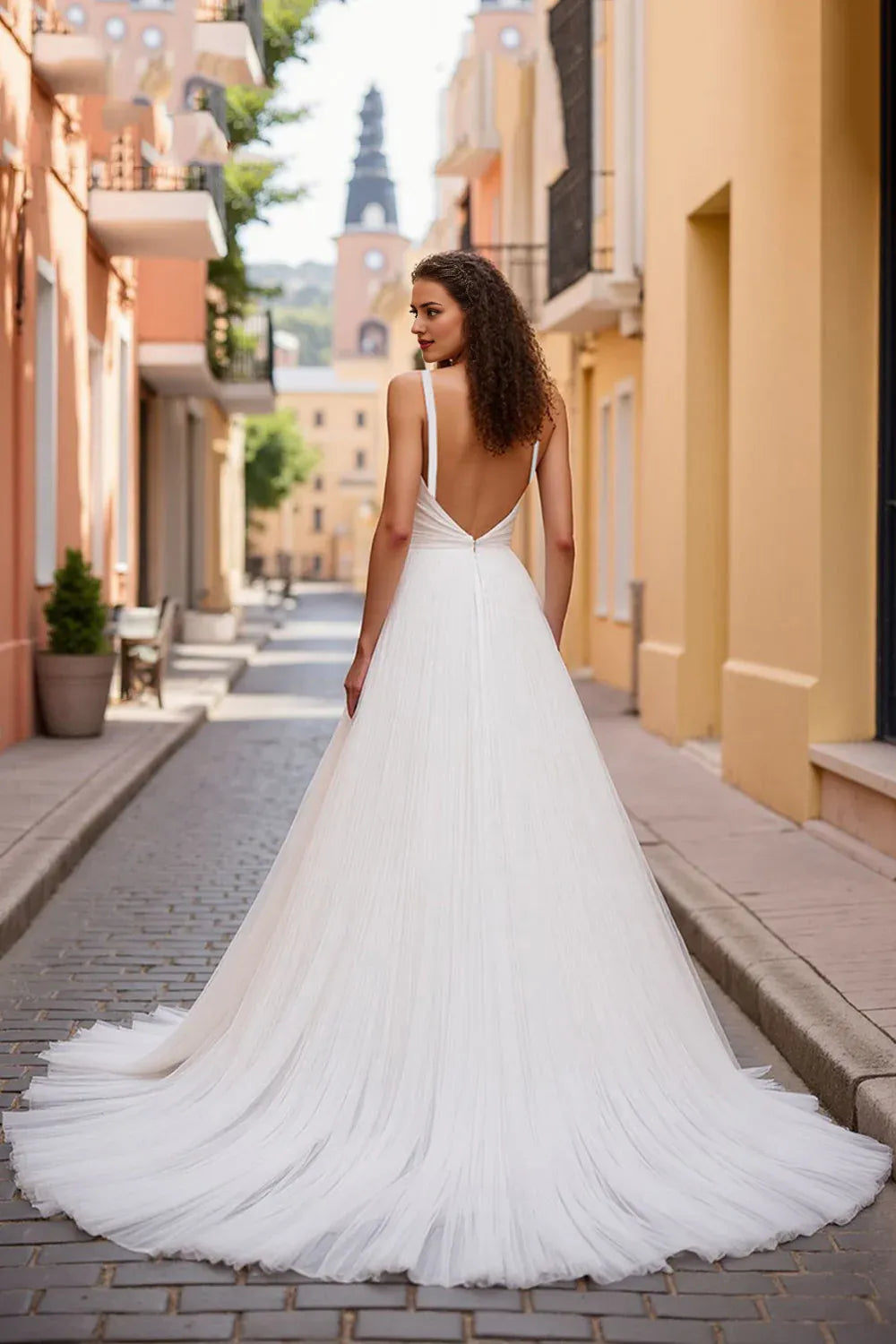 Tulle Deep V-Neck A Line Sweep Train Wedding Dress