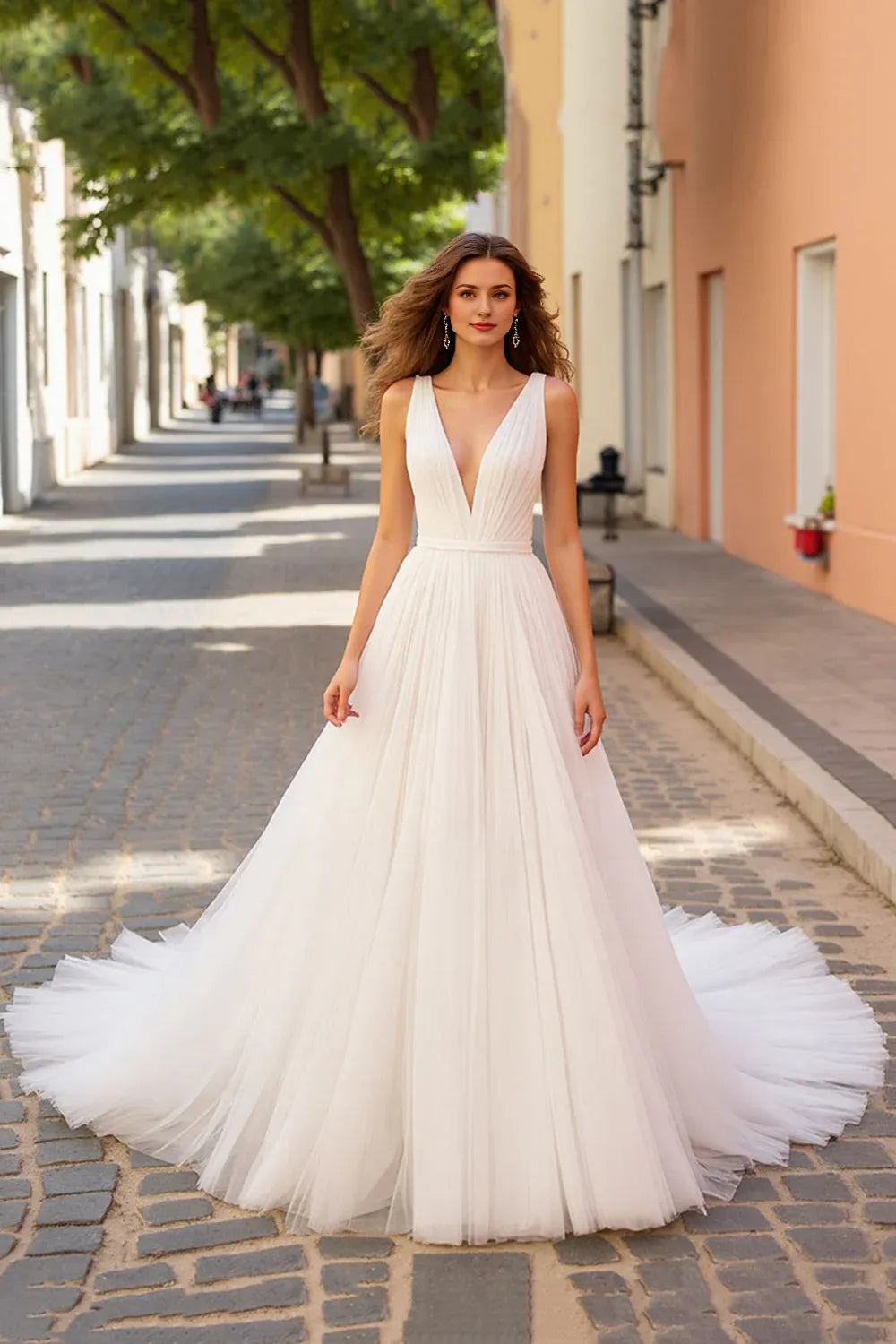 Tulle Deep V-Neck A Line Sweep Train Wedding Dress