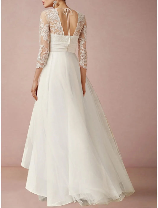 Tulle Lace Wedding Gown with Deep V High - Low Hem