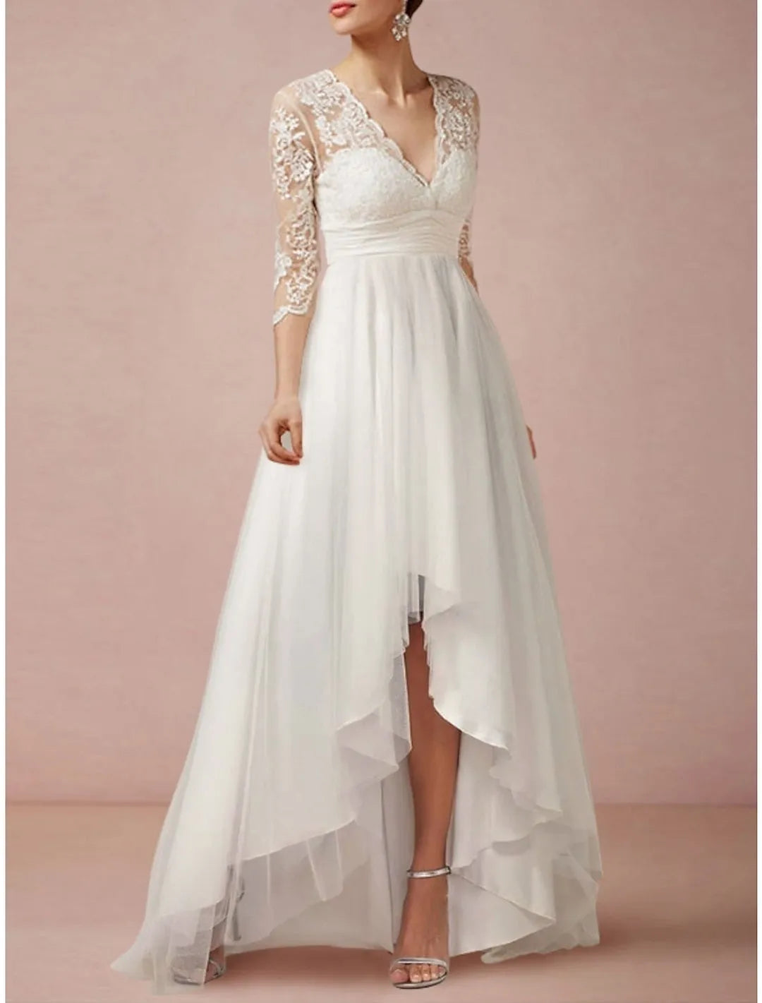 Tulle Lace Wedding Gown with Deep V High - Low Hem