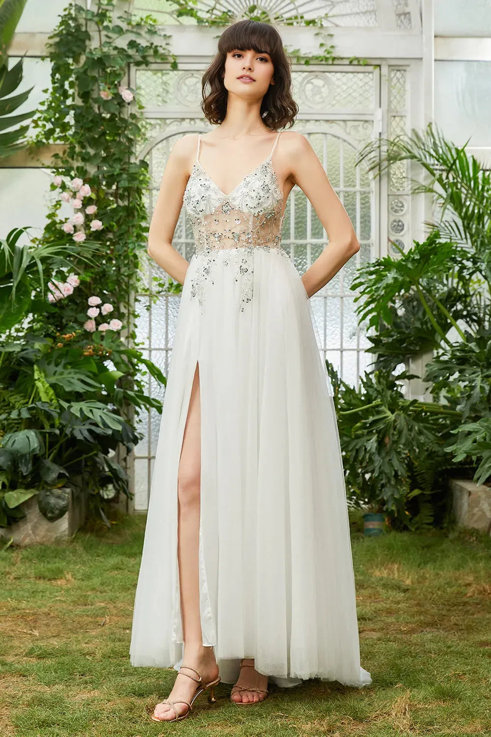 Tulle Spaghetti Straps White Long Wedding Dress with Beading