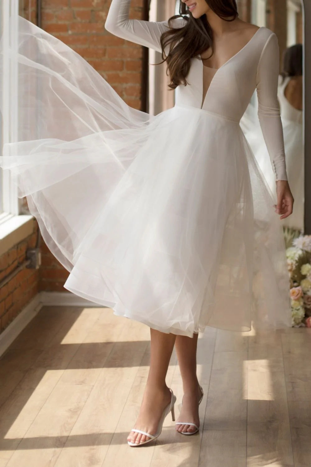 Tulle White Wedding Dress with Long Sleeves