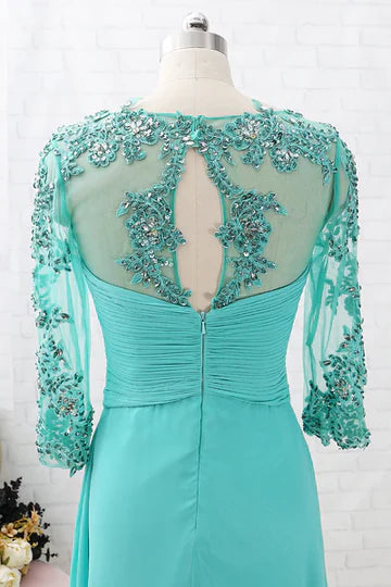 Turquoise Chiffon Lace Sleeve Cutout Back Mother of the Bride Dress ﻿