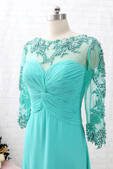 Turquoise Chiffon Lace Sleeve Cutout Back Mother of the Bride Dress ﻿