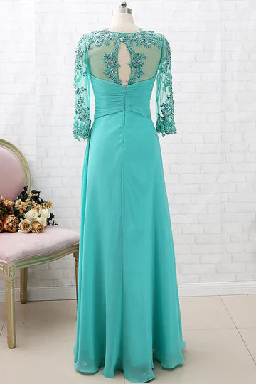 Turquoise Chiffon Lace Sleeve Cutout Back Mother of the Bride Dress ﻿