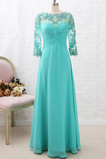 Turquoise Chiffon Lace Sleeve Cutout Back Mother of the Bride Dress ﻿