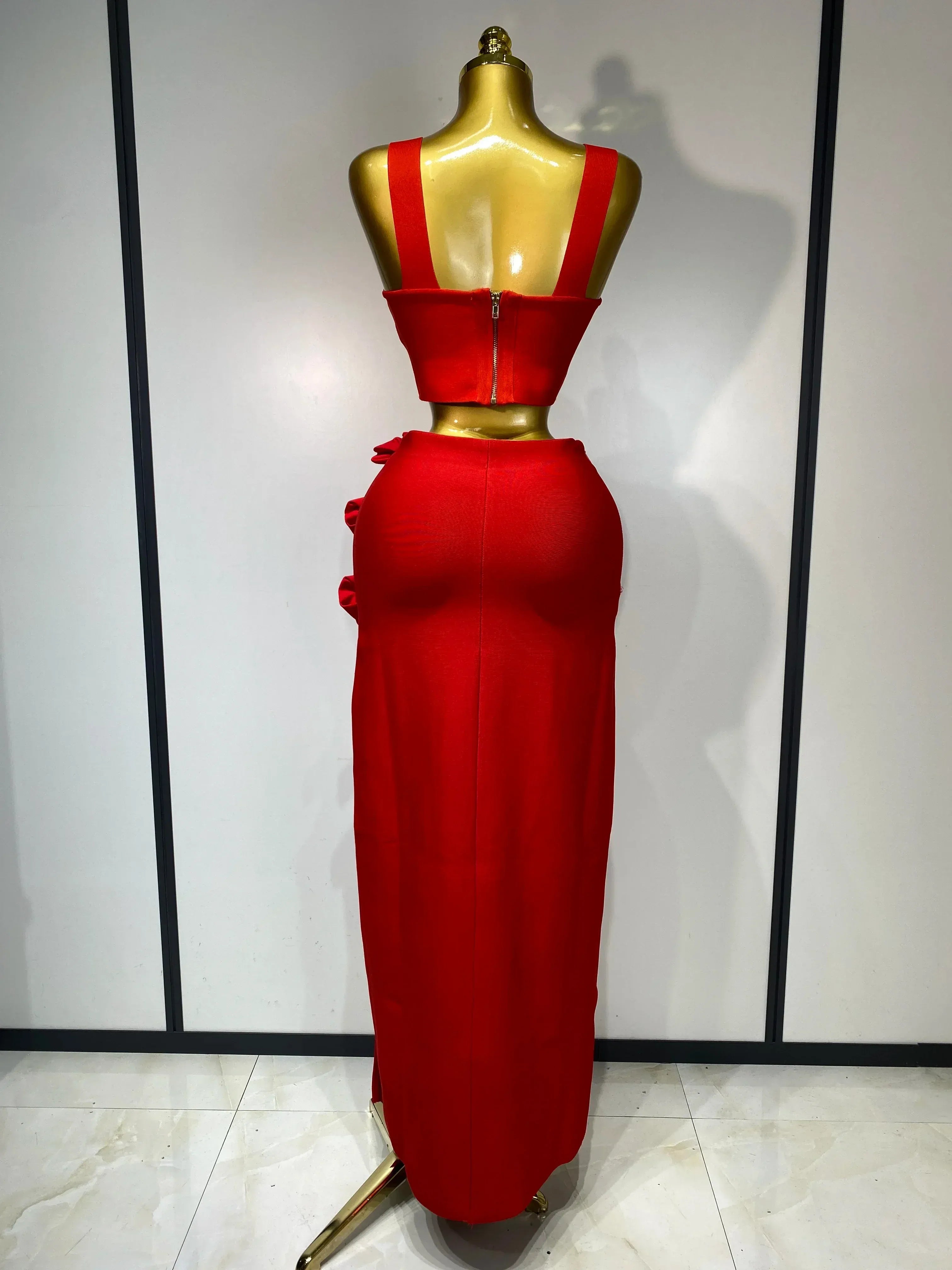 Two-Piece Sweetheart Neck Corset 3D Floral Red Floor-Length Prom Dress