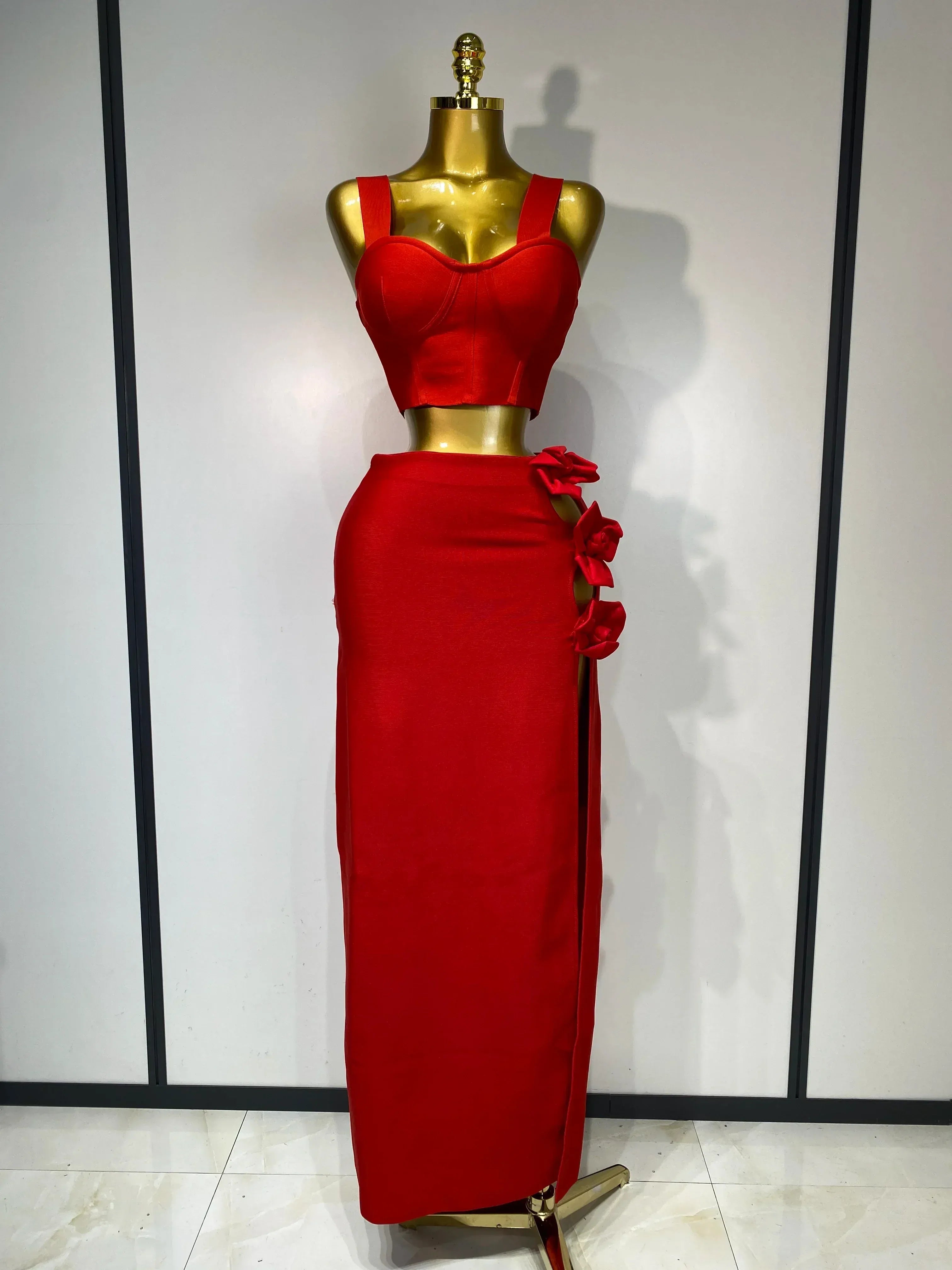 Two-Piece Sweetheart Neck Corset 3D Floral Red Floor-Length Prom Dress