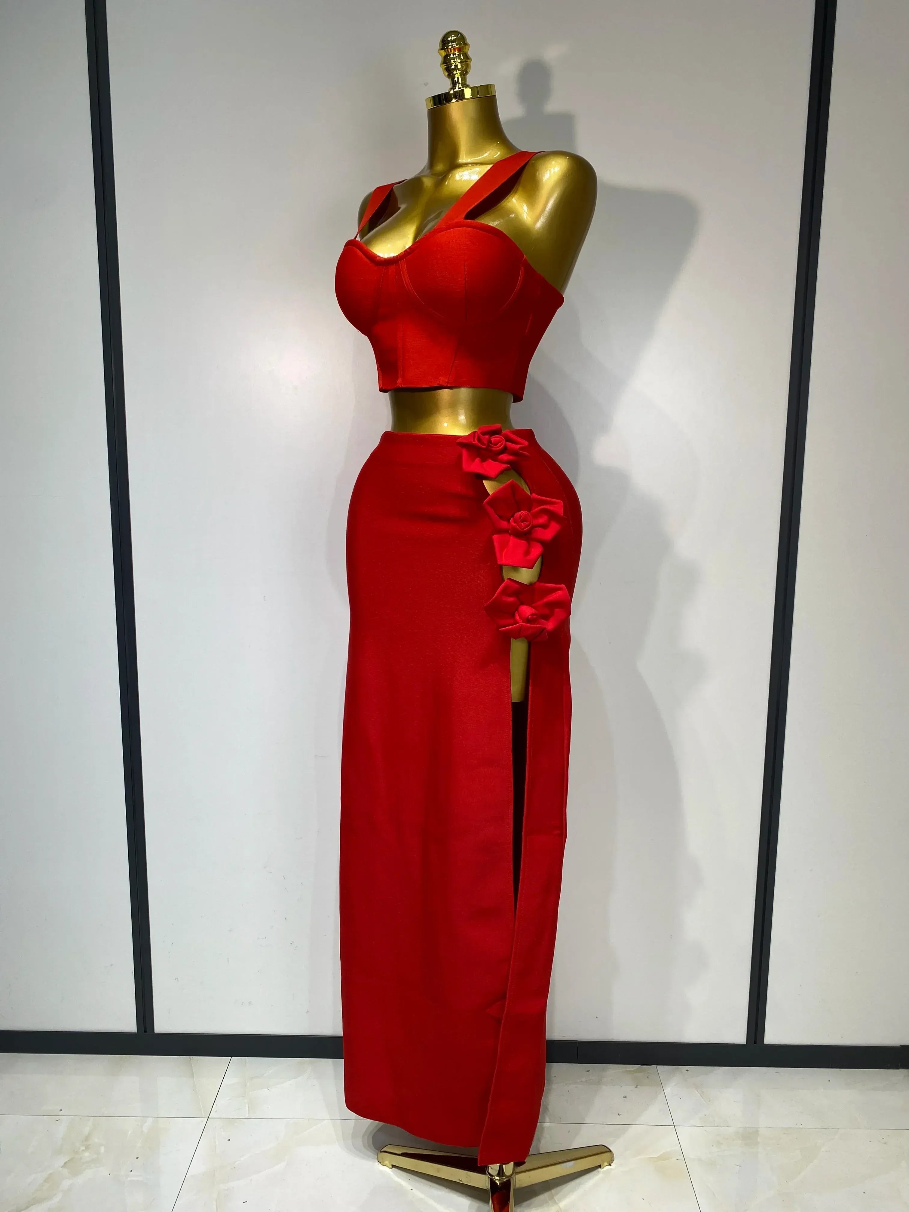 Two-Piece Sweetheart Neck Corset 3D Floral Red Floor-Length Prom Dress