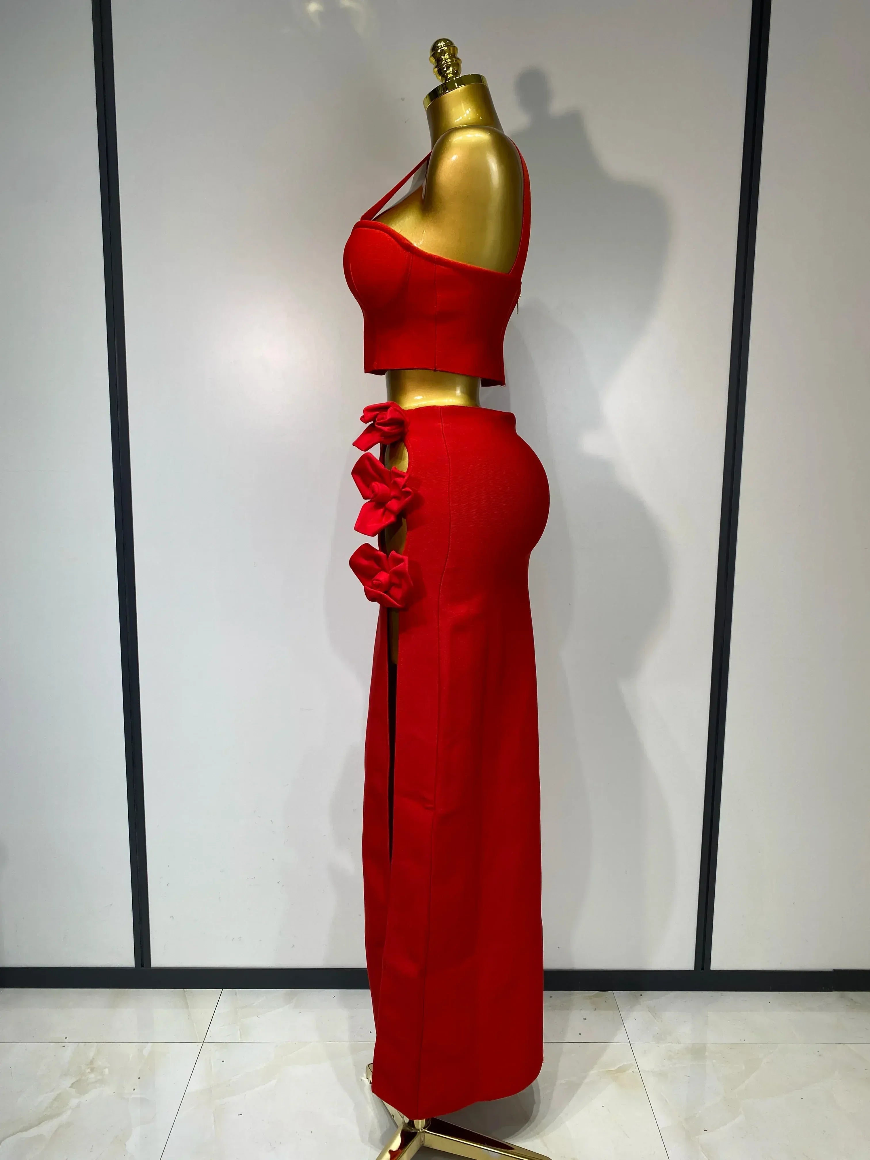 Two-Piece Sweetheart Neck Corset 3D Floral Red Floor-Length Prom Dress