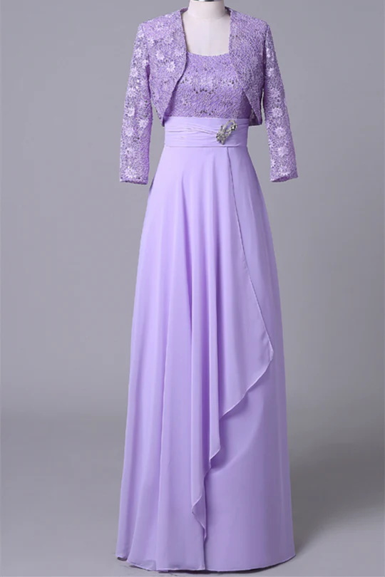 Two piece lace chiffon ruffled hem bride mother wearing cardigan wool sweater