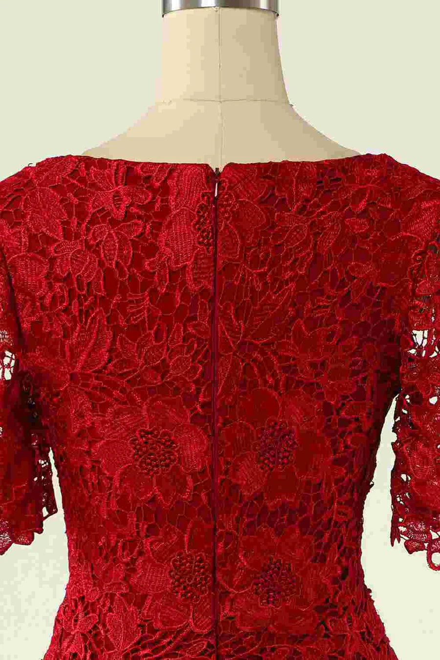 Two piece red lace short bridal gown paired with a button up cardigan wool sweater